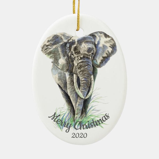 Ornamento De Cerâmica Elefante de Aquarela de Natal Personalizado (Verso)