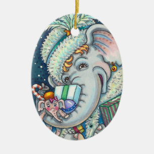 ORNAMENTO DE CERÂMICA ELEFANTE DO NATAL, TRISTE DE PRESENTES E BOA CADEI