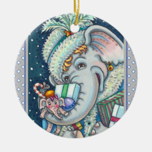 ORNAMENTO DE CERÂMICA ELEFANTE DO NATAL, TRISTE DE PRESENTES E BOA CADEI