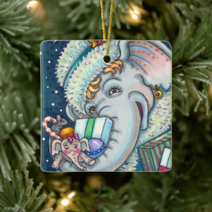 ORNAMENTO DE CERÂMICA ELEFANTE DO NATAL, TRISTE DE PRESENTES E BOA CADEI