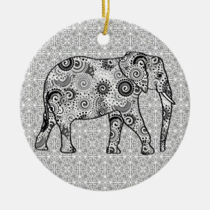 Ornamento De Cerâmica Elefante do redemoinho do Fractal - cinza, preto e