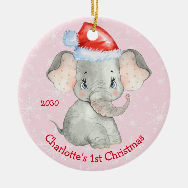Ornamento De Cerâmica Elefante Personalizado 1rua Bebê Rosa de Natal (Frente)