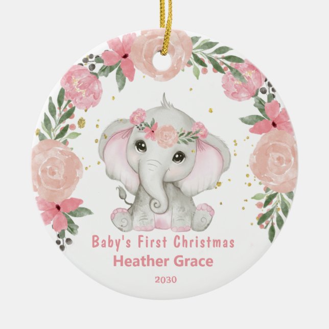 Ornamento De Cerâmica Elefante Personalizado para Meninas de Natal Baby  (Frente)