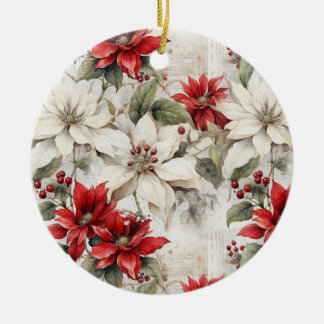 Ornamento De Cerâmica Elegância branca e Poinsettia Vermelha beijada em 