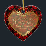 Ornamento De Cerâmica Elegância rosa vermelha - 50º aniversário<br><div class="desc">Rosas vermelhas maravilhosas com estrutura cardíaca de ouro puro com texto de ouro para este ornamento de manutenção de 50 anos. As rosas vermelhas são um símbolo eterno de amor e paixão. Personalizar o texto e a data do nome.</div>