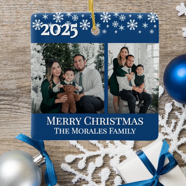 Ornamento De Cerâmica Elegant 2 Photo Blue Keepsake Family Photo (Elegant 2 photo blue christmas ornament keepsake gift idea for mom grandma dad with 2 photos & sides)