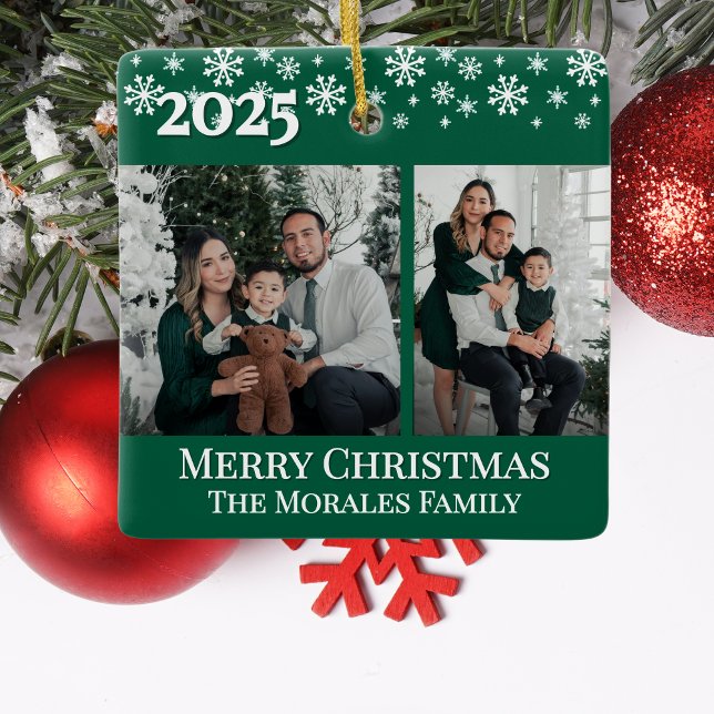 Ornamento De Cerâmica Elegant 2 Photo Green Keepsake Family Photo (Elegant 2 photo two sided christmas ornament keepsake for unique gift from kids to mom grandma dad)