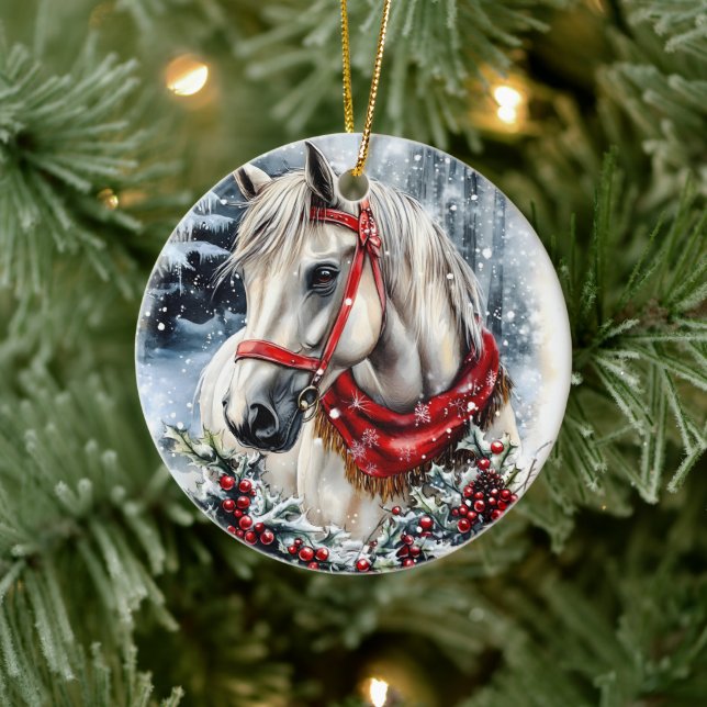 Ornamento De Cerâmica Elegant Christmas Horse with Winter Wreath  (Árvore)