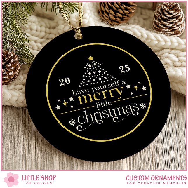 Ornamento De Cerâmica Elegant Gold Black Merry Little Christmas Photo (Criador carregado)