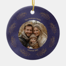 Elegant Gold Branches Family Photo Christmas Blue