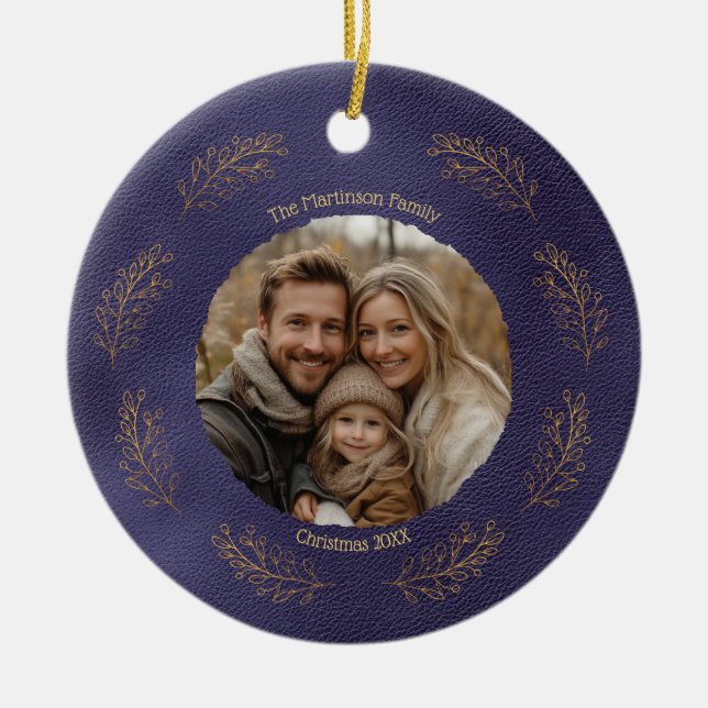 Ornamento De Cerâmica Elegant Gold Branches Family Photo Christmas Blue (Frente)