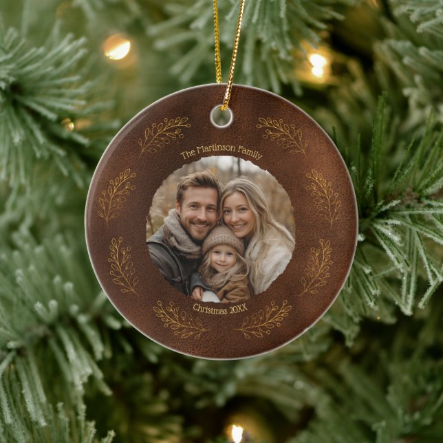Ornamento De Cerâmica Elegant Gold Branches Family Photo Christmas Brown (Árvore)