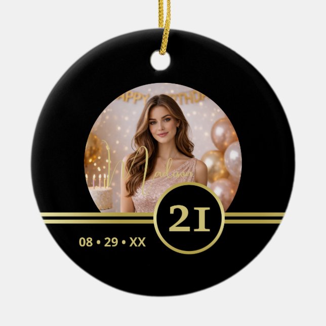 Ornamento De Cerâmica Elegant Gold Signature Monogram with Photo (Frente)