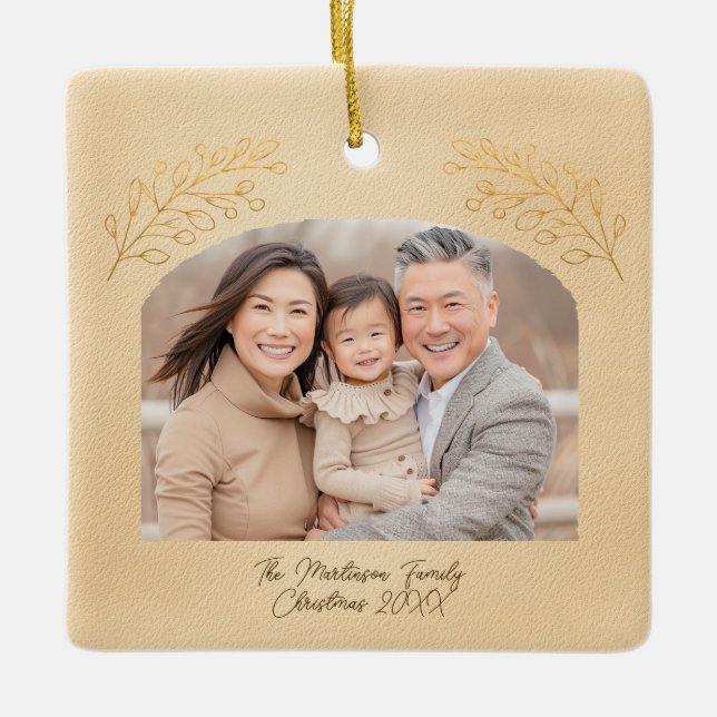 Ornamento De Cerâmica Elegant Golden Branches Arch Photo Beige (Frente)