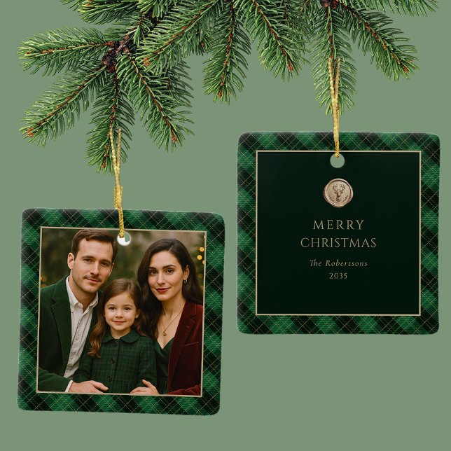 Ornamento De Cerâmica Elegant Green Plaid Personalized Photo  (Criador carregado)