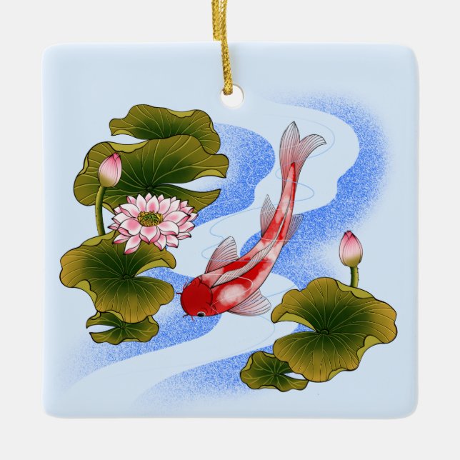 Ornamento De Cerâmica Elegant koi carp in lotus pond  (Frente)