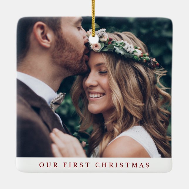 Ornamento De Cerâmica Elegant Married & Merry Newlywed Photo Christmas (Verso)