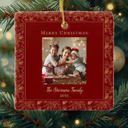 Ornamento De Cerâmica Elegant Merry Christmas Red Faux Gold Photo