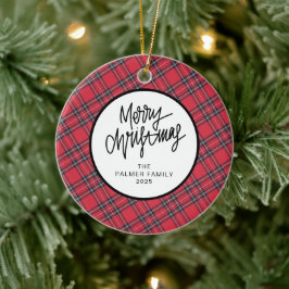 Ornamento De Cerâmica Elegant Modern Red Plaid Christmas Family Photo