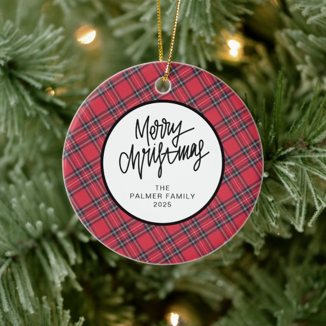 Ornamento De Cerâmica Elegant Modern Red Plaid Christmas Family Photo (Árvore)