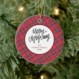 Ornamento De Cerâmica Elegant Modern Red Plaid Christmas Family Photo