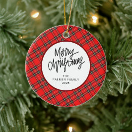 Ornamento De Cerâmica Elegant Modern Red Plaid Christmas Family Photo