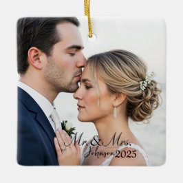 Ornamento De Cerâmica Elegant Mr. & Mrs. Custom Wedding Photo Monogram 