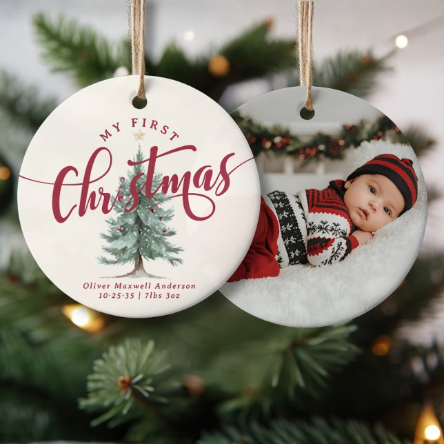 Ornamento De Cerâmica Elegant My First Christmas Tree Script Baby Photo  (Criador carregado)