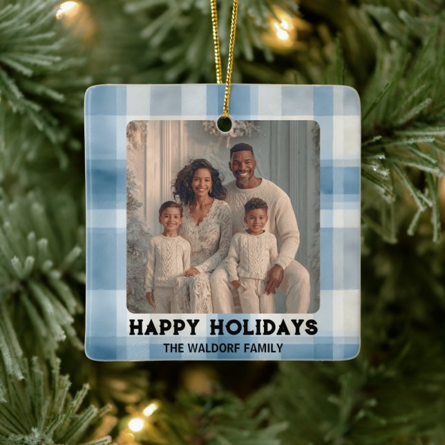 Ornamento De Cerâmica Elegant Photo Blue Plaid Christmas Ornament  (Árvore)