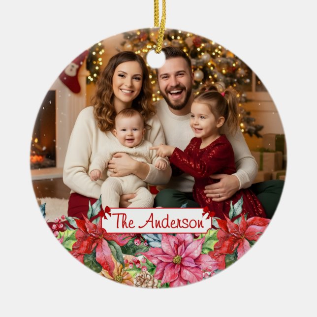 Ornamento De Cerâmica Elegant Poinsettia Floral Border Custom Photo  (Frente)