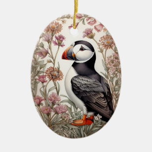 Ornamento De Cerâmica Elegant Puffin Floral Inspirado em William Morris