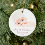 Ornamento De Cerâmica Elegant Script Baby's First Christmas Photo Cerami<br><div class="desc">Este Enfeites de natal redondo oferece o primeiro tema de Natal de um bebê. O texto "Meu Natal de 11 ruas" aparece num elegante roteiro cor-de-rosa poeirento. O texto personalizado permite adicionar o nome e o ano do seu recém-nascido.</div>