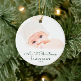 Ornamento De Cerâmica Elegant Script Baby's First Christmas Photo Cerami