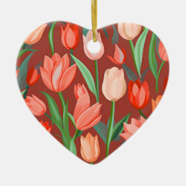 Ornamento De Cerâmica Elegant Tulip Floral Pattern – Red & Peach Spring