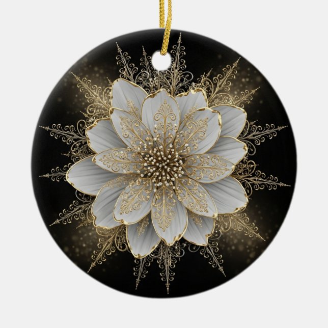 Ornamento De Cerâmica Elegant White & Gold Floral Ornament (Frente)