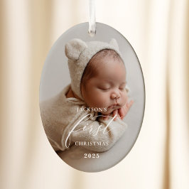 Ornamento De Cerâmica Elegant White Script Baby's First Christmas Photo 