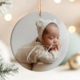 Ornamento De Cerâmica Elegant White Script Baby's First Christmas Photo 