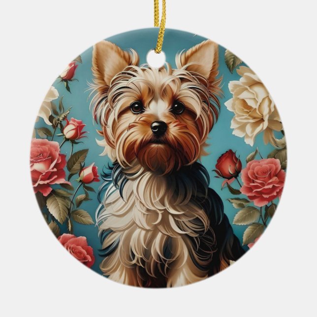 Ornamento De Cerâmica Elegant Yorkshire Terrier Portrait Rosa Garden (Frente)
