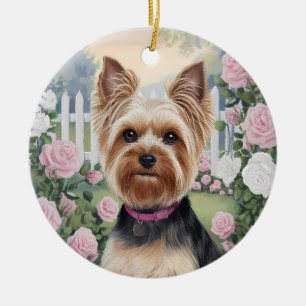 Ornamento De Cerâmica Elegant Yorkshire Terrier Rosa Garden Painting