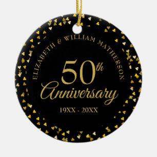 Ornamento De Cerâmica Elegante 50º Aniversário Corações Preto Dourado 
