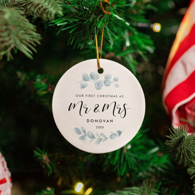 Ornamento De Cerâmica Elegante A nossa primeira foto de casamento verde  (Criador carregado)