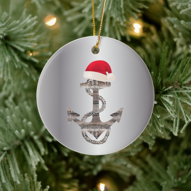 Ornamento De Cerâmica elegante ANCHOR náutico russo + SANTA HAT | (Árvore)