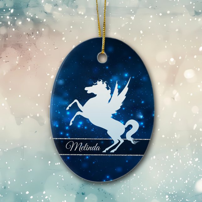 Ornamento De Cerâmica Elegante Blue Lights Silhouter Unicorn (Criador carregado)