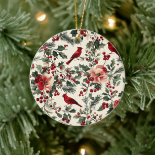 Ornamento De Cerâmica Elegante Cardinal Vermelho Inverno Botânico Creme