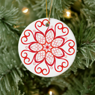 Ornamento De Cerâmica Elegante Decorativo Branco e Vermelho Mandala Nata
