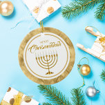 Ornamento De Cerâmica Elegante Dourada Menorah Hanukkah Feliz Chrismukka<br><div class="desc">Elegante Dourado Menorah Hanukkah Feliz Chrismukkah Cerâmica</div>
