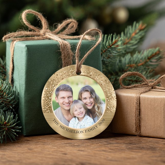 Ornamento De Cerâmica Elegante Dourado Foto Metálica (Elegant Gold Glitter Photo Metallic Christmas Ceramic Ornament
)