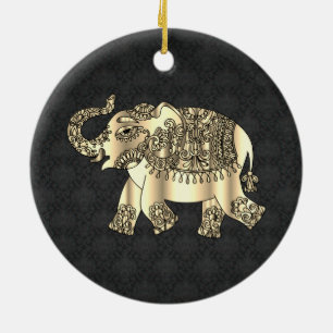 Ornamento De Cerâmica Elegante Dourado Paisley Floral Elephant, Black Da