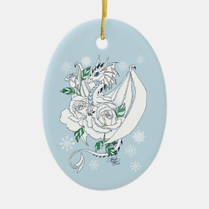 Ornamento De Cerâmica Elegante Dragão de Gelo Branco Rosas Azuis Fantasi