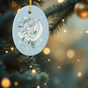 Ornamento De Cerâmica Elegante Dragão de Gelo Branco Rosas Azuis Fantasi
